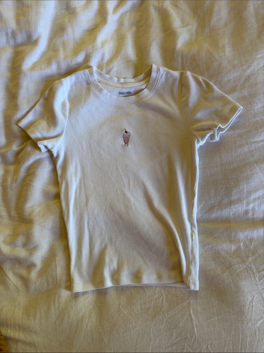 Hollister White Short Sleeve Tee with Pink Ice Cream Embroidery